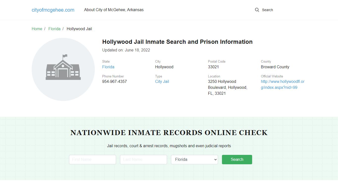 Hollywood Jail Inmate Search and Prison Information - McGehee, Arkansas